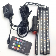 Автомобильная водонепроницаемая светодиодная RGB LED подсветка в салон на 4 ленты от прикуривателя с пультом