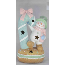 Новорічна декоративна фігурка з підсвіткою 12×8,5×21 см Новорічний декор Сніговик з тростинкою з порцеляни CR-6-10 (LG-CR-6-10)