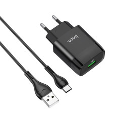 Зарядний пристрій з кабелем USB/Type-C 1 м HOCO C72Q Glorious 18 W чорний (RZN-23101790)