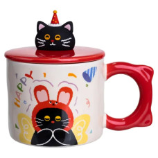 Кубок порцелянова з кришкою Kitten's Birthday 400 (мл) подарункова кружка прикольна чашка для дітей на подарунок Червоний FM-24D (LG-FM-24D)