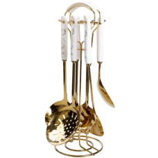 Набор кухонных принадлежностей 7 предметов на подставке столовые приборы из нержавейки Золото с белым HP-20-7