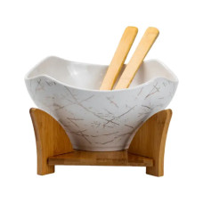 Салатниця га бамбуковій підставці з виделкою і ложкою 22*22*14 см Білий HP1228 (LG-HP1228) Салатниця га бамбуковій підставці з виделкою і ложкою 22*22*14 см Білий HP1228 (LG-HP1228)