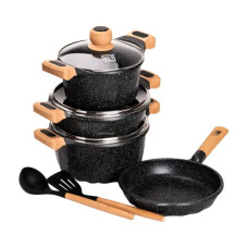 Набір посуду, 3 каструлі, з товстодонною алюмінієвою лопаткою та ополоником MGC, чорний HP-4-401B (LG-2358506265)