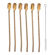 Набор многоразовых ложек-трубочек 6 шт для напитков 22 см с щеткой для мытья из нержавеющей стали Бронзовый HP-20-20 Набор многоразовых ложек-трубочек 6 шт для напитков 22 см с щеткой для мытья из нержавеющей стали Бронзовый HP-20-20