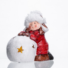 Новорічна фігурка з підсвіткою Дівчинка зі сніговою кулею з фарфори 12×7×12 (см) новорічний декор для дому на подарунок Червоний CR-5-11 (LG-CR-5-11)