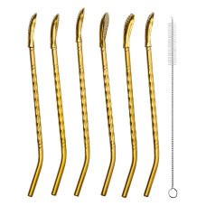 Набір багаторазових ложок-трубочок 6 шт для напоїв 19,5 см з щіткою Золотистий HP-20-56 (LG-HP-20-56)