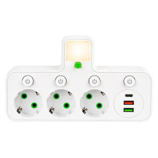Сетевой разветвитель на 3 розетки с 2 USB + 1 Type-C с кнопками